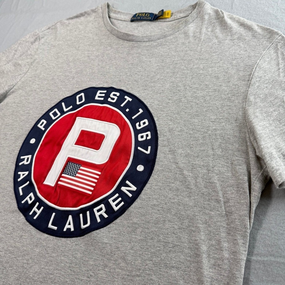 Polo Ralph Lauren T-Shirt Mens Medium Grey Est 1967 Logo Patch Tee Graphic